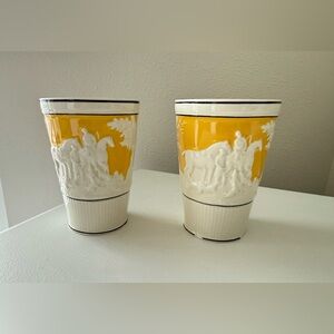 VTG Antique Wedgwood | Set 2 Porcelain Tumblers | Raised Hunting Scene Yellow